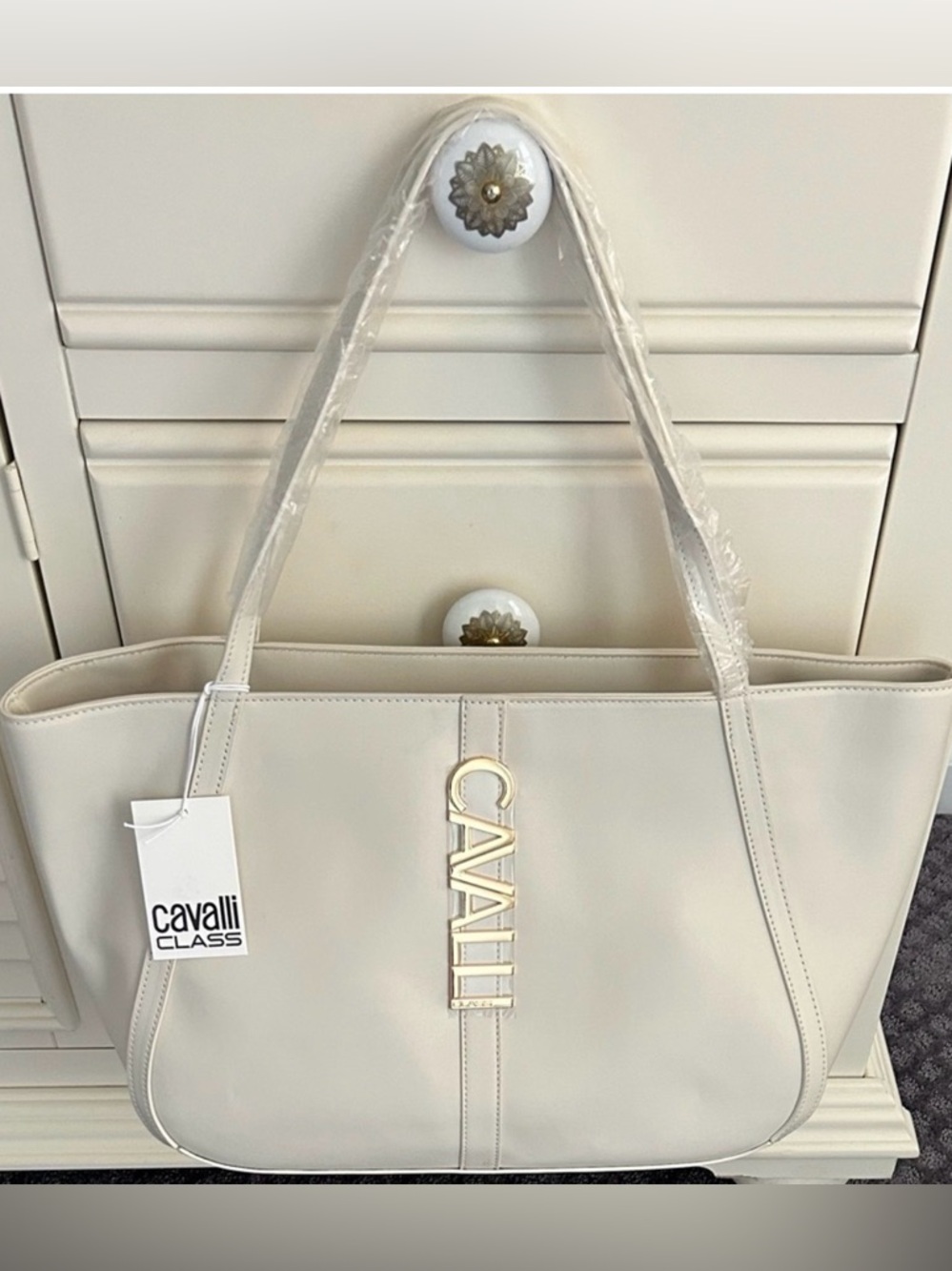 Cavalli Class Cream Leather Shoulder Tote with Gold Logo